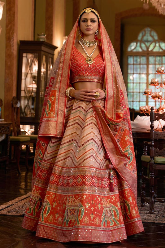 Stunning Sequins Design Silk Orange Lehenga for Wedding Occasions