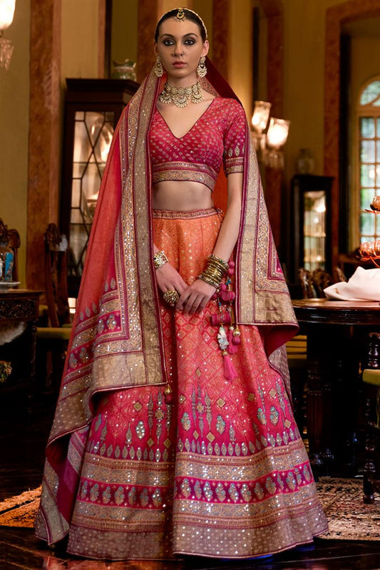 Great for Wedding Events Silk Peach Color Lehenga with Sequins Details
