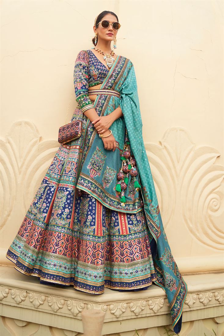 Stunning Sequined Silk Lehenga in Blue Color For Wedding Celebrations