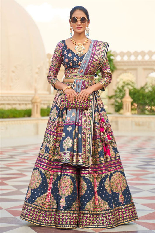 Gorgeous Choice for Wedding Ceremonies Sequined Silk Navy Blue Color Lehenga