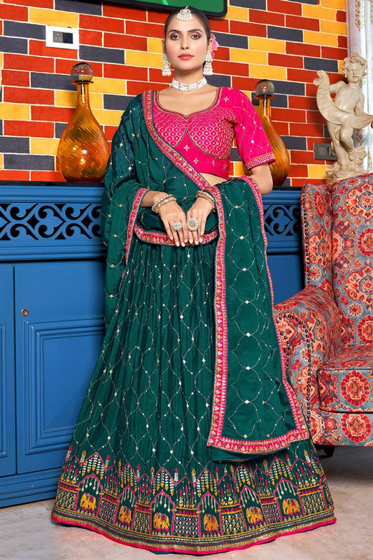Teal Color Embroidered Work Beatific Wedding Wear Lehenga Choli