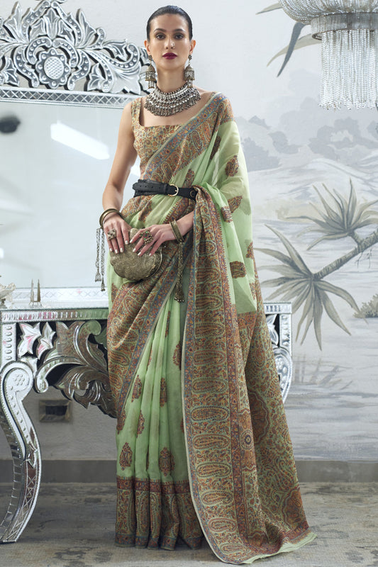 Sea Green Color Art Silk Fabric Printed Function Wear Fancy Saree