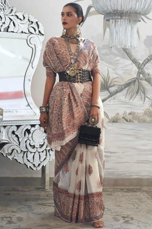 Printed Art Silk Fabric Function Wear Off White Color Designer Saree