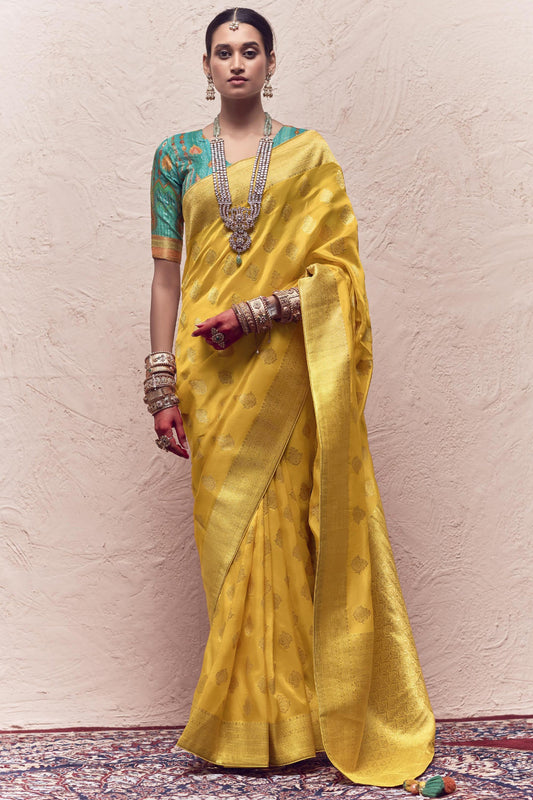 Weaving Work Art Silk Fabric Sangeet Wear Mustard Color Designer Saree