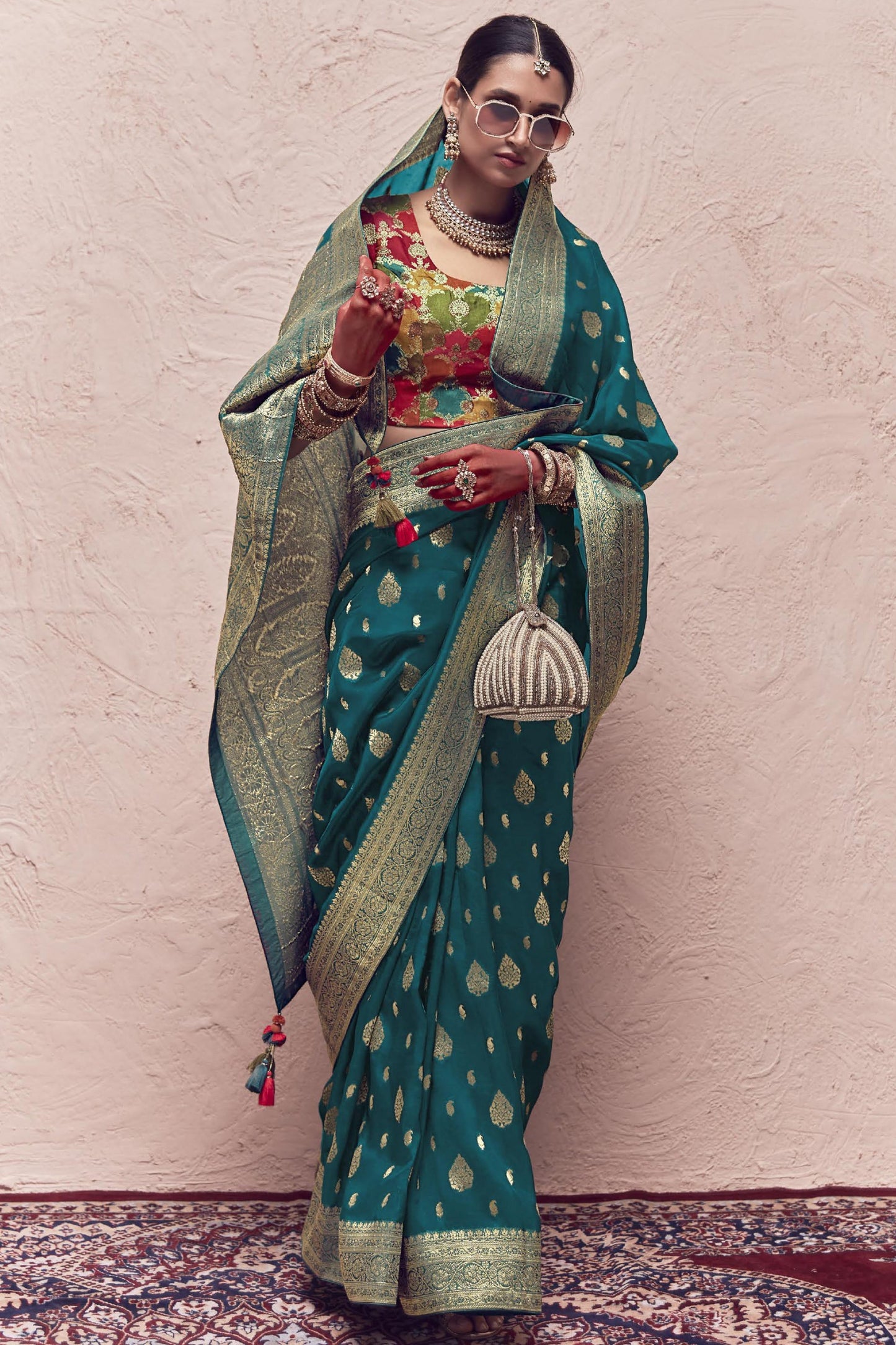 Art Silk Fabric Wedding Wear Teal Color Fancy Weaving Work Saree