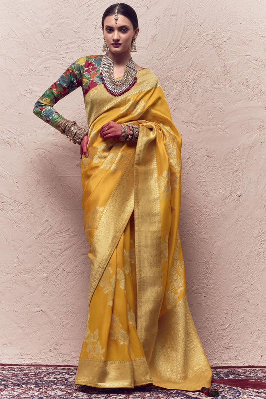 Yellow Color Art Silk Fabric Weaving Work Festive Wear Fancy Saree