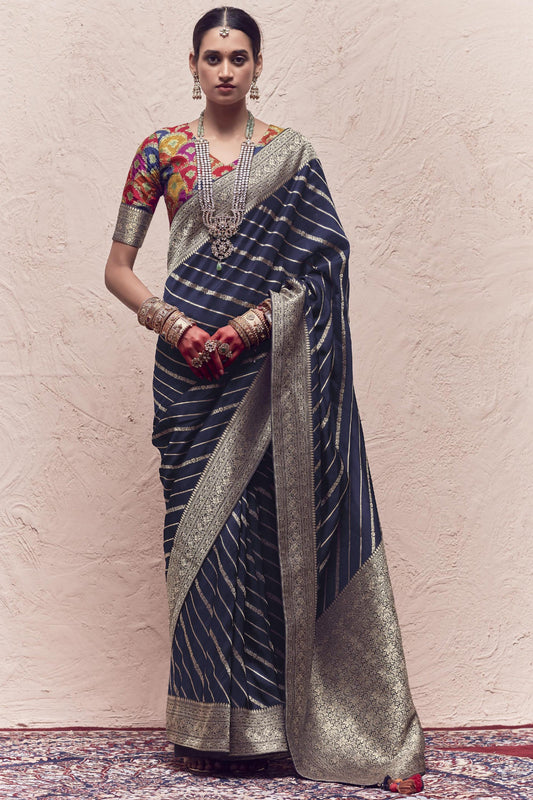 Art Silk Fabric Weaving Work Navy Blue Color Wedding Wear Designer Saree