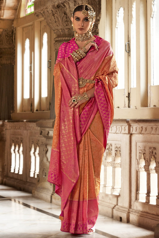 Art Silk Fabric Weaving Work Rich Orange Color Festive Wear Trendy Saree With Contrast Blouse