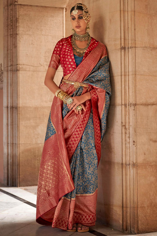 Astonishing Sky Blue Color Art Silk Fabric Weaving Work Sangeet Wear Designer Saree With Contrast Blouse