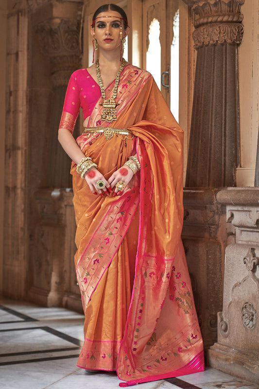 Dazzling Orange Color Art Silk Fabric Weaving Work Kasta Style Saree With Contrast Blouse