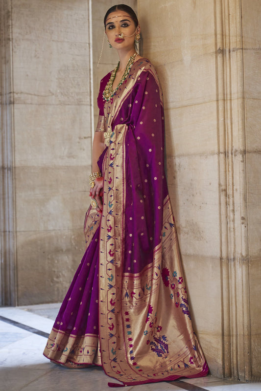 Purple Color Art Silk Fabric Weaving Work Designer Nauvari Style Saree With Contrast Blouse