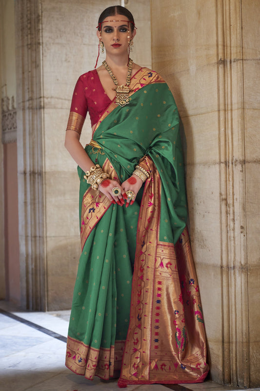 Art Silk Fabric Weaving Work Dark Green Traditional Look Kasta Style Saree With Contrast Blouse