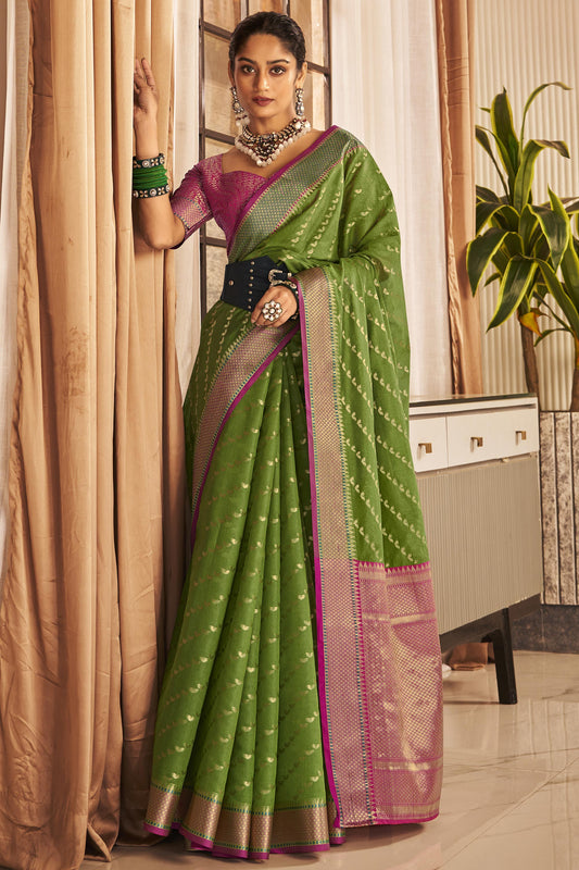Art Silk Color Green Fabric Weaving Work Function Wear Saree With Contrast Blouse