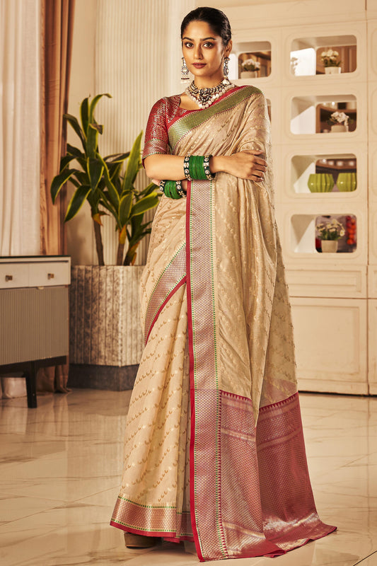 Weaving Work Art Silk Color Beige Fabric Saree With Contrast Blouse