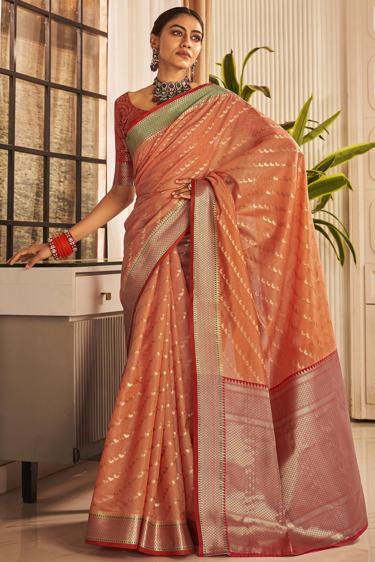 Art Silk Color Orange Fabric Weaving Work Saree With Contrast Blouse