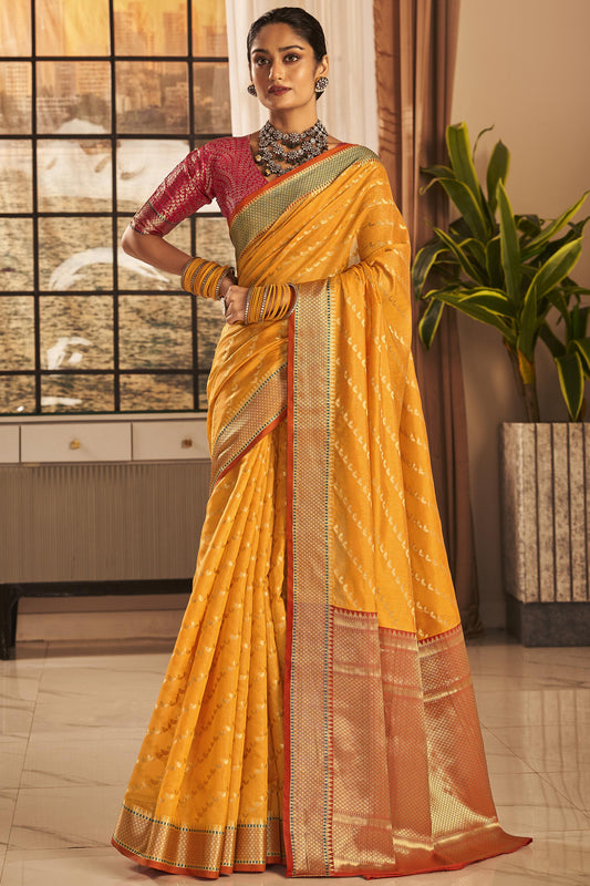 Weaving Work Art Silk Color Yellow Fabric Saree With Contrast Blouse
