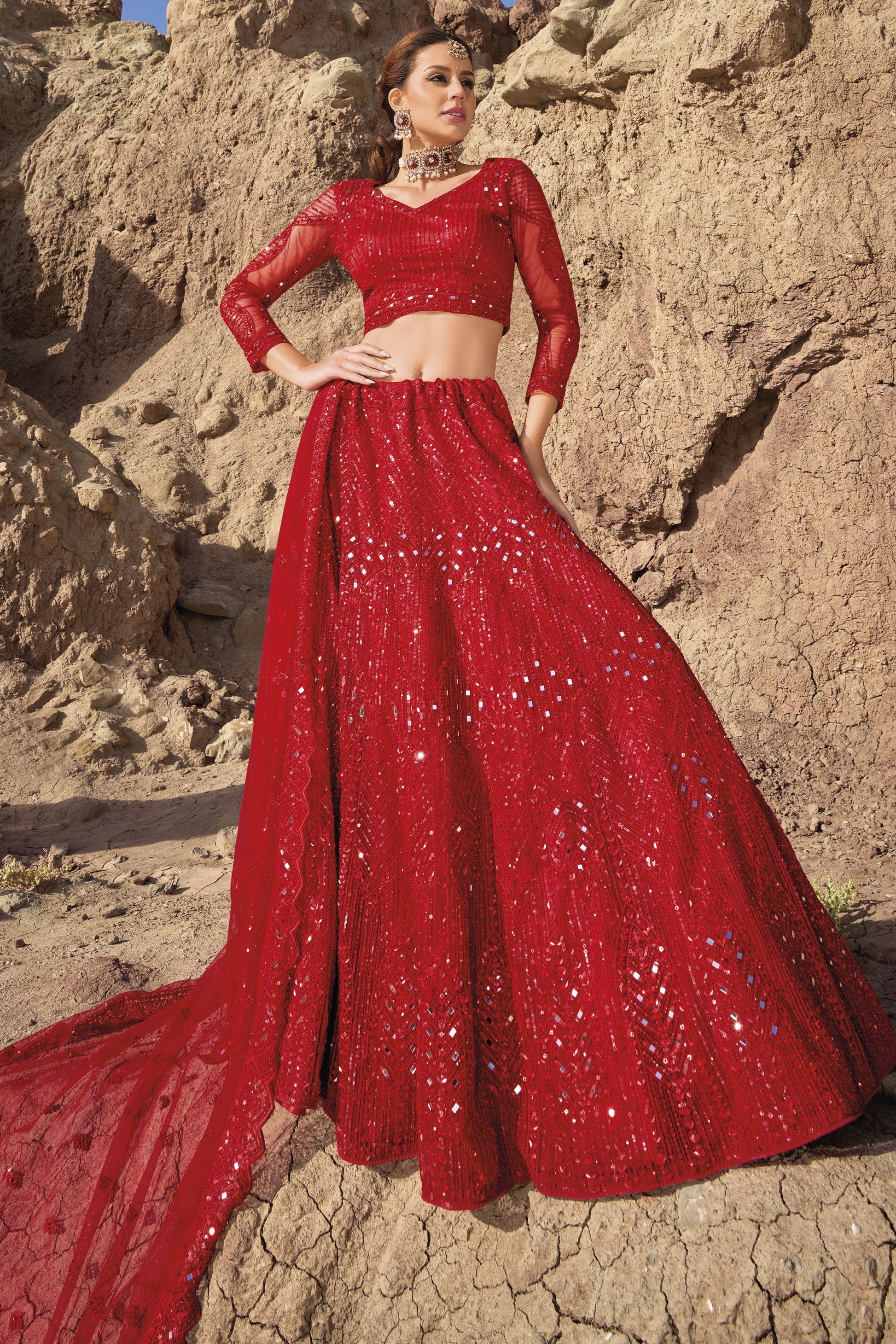 Fancy Work Red Color Bridal Lehenga In Net Fabric With Designer