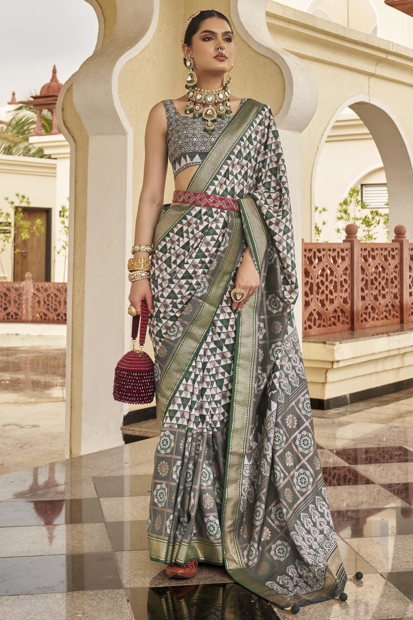 Winsome Printed Grey Color Art Silk Saree