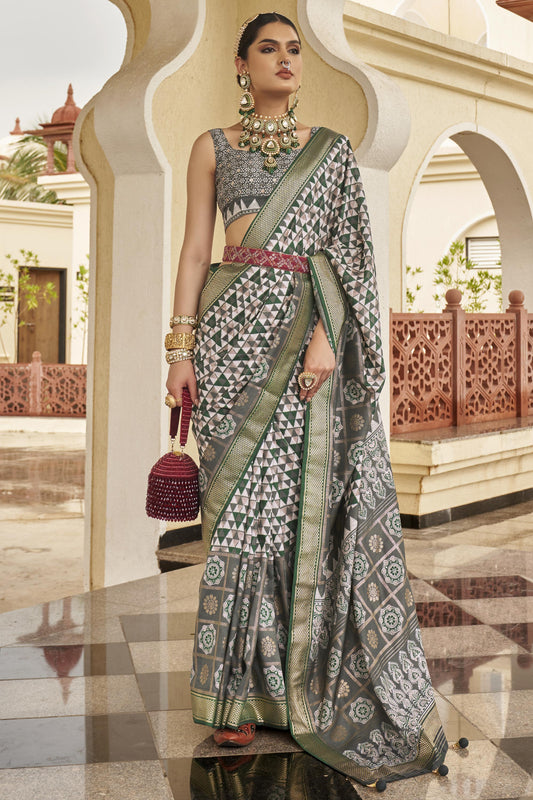 Winsome Printed Grey Color Art Silk Saree