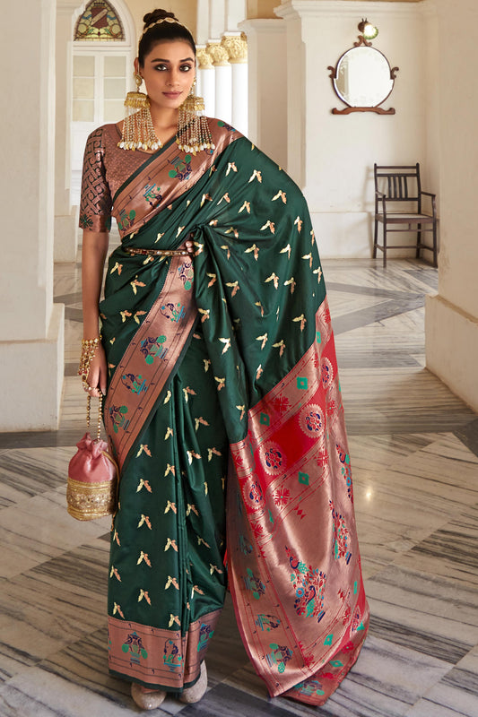 Blazing Dark Green Color Weaving Work Art Silk Saree