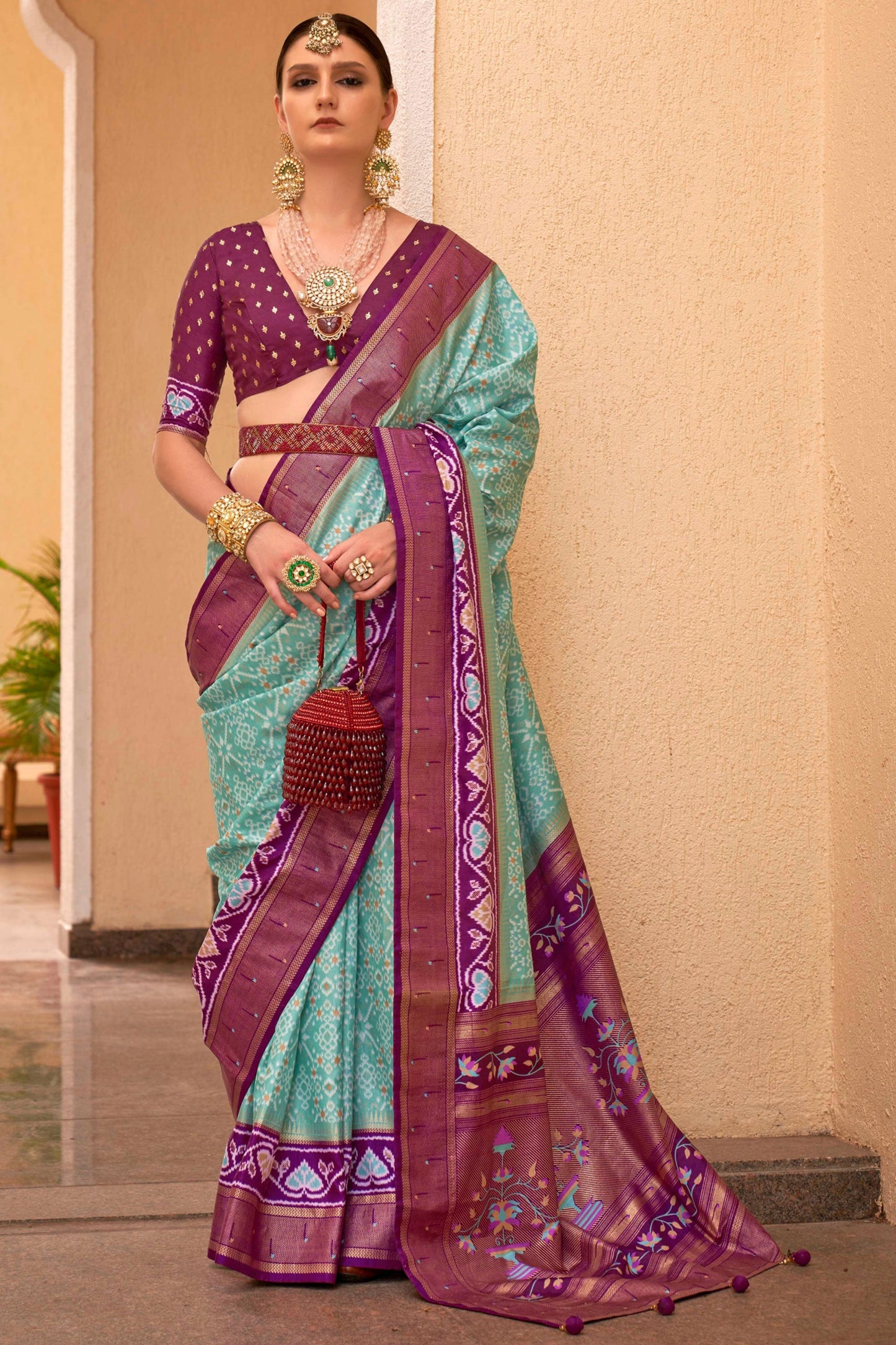 Patola Silk Printed Saree In Sea Green Color