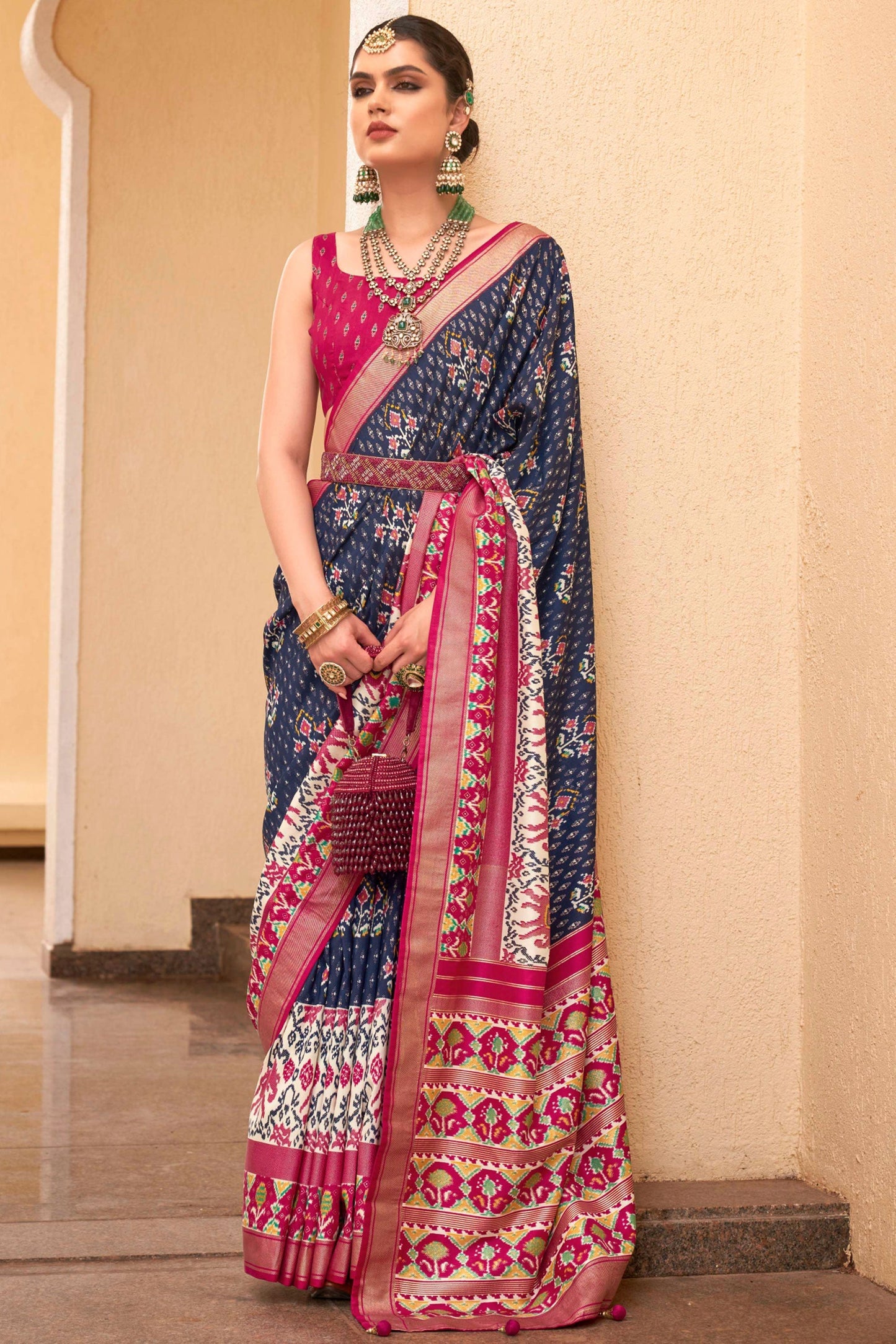 Delightful Navy Blue Printed Patola Silk Function Wear Saree