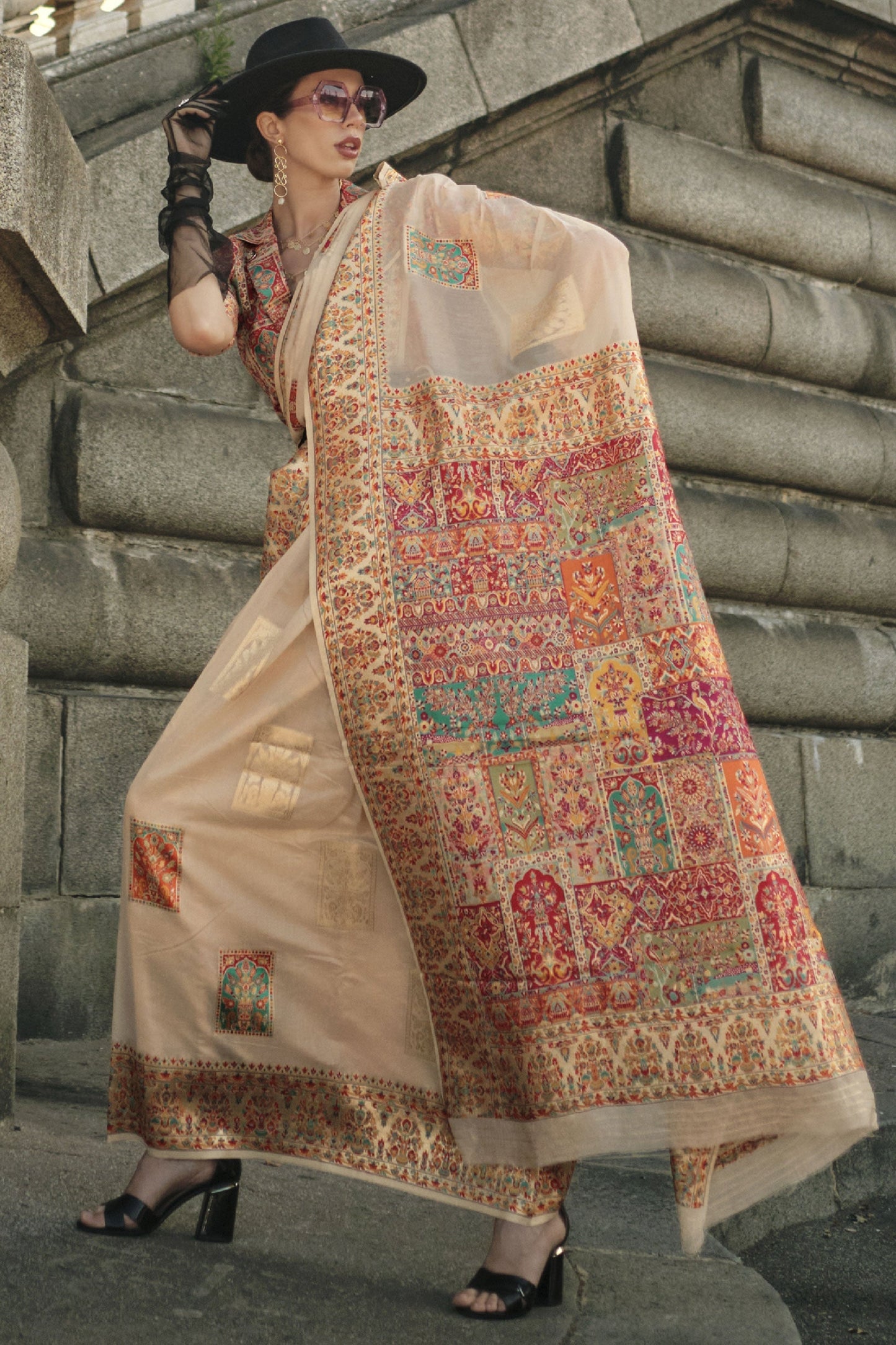 Beige Color Gorgeous Kashmiri Modal Handloom Weaving Silk Saree With Kashmiri Blouse