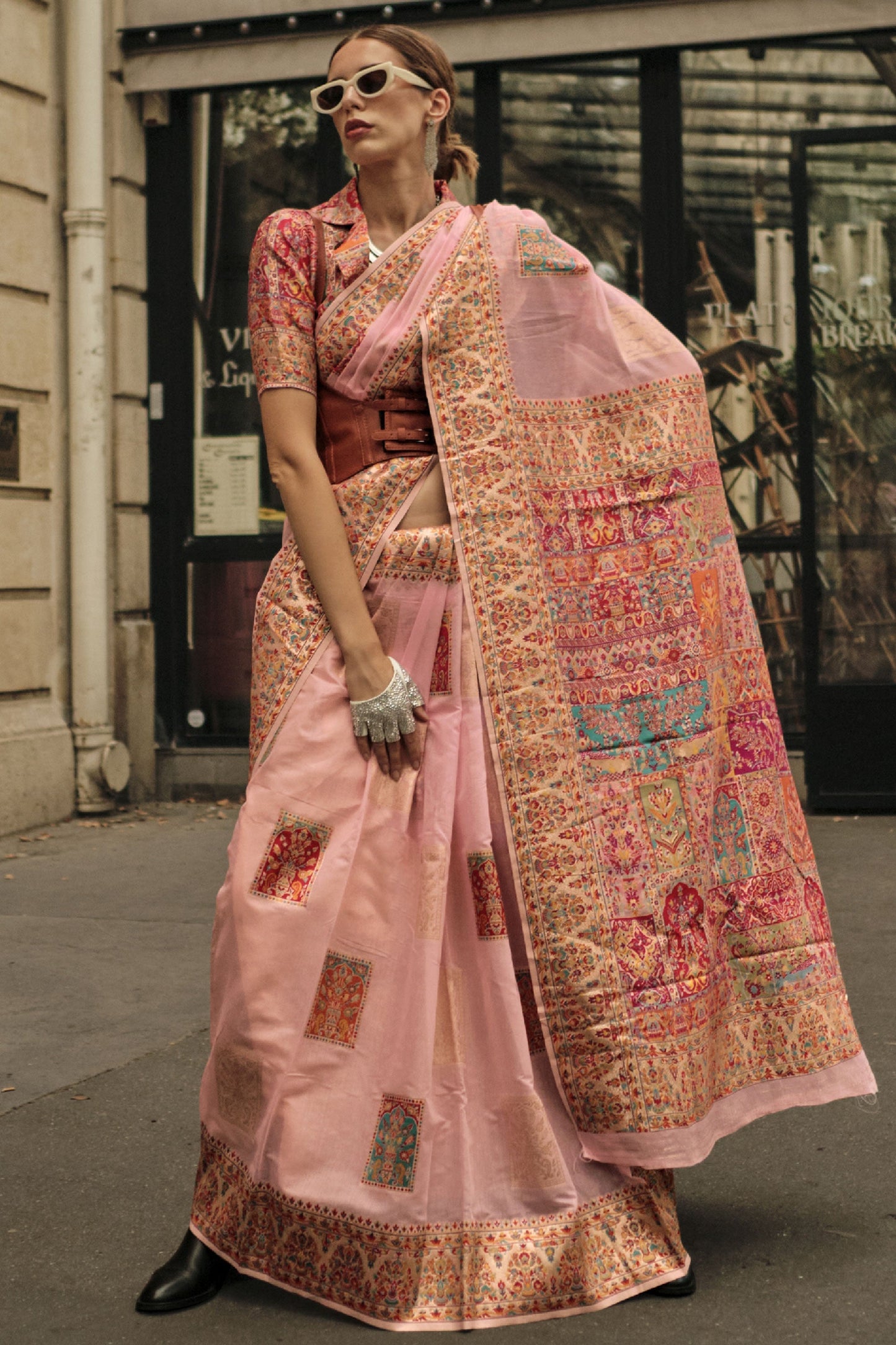 Pink Color Brilliant Kashmiri Modal Handloom Weaving Silk Saree With Kashmiri Blouse