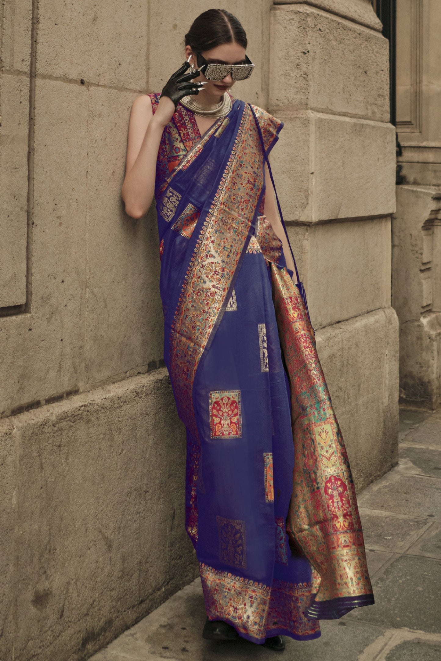 Blue Color Glorious Kashmiri Modal Handloom Weaving Silk Saree With Kashmiri Blouse
