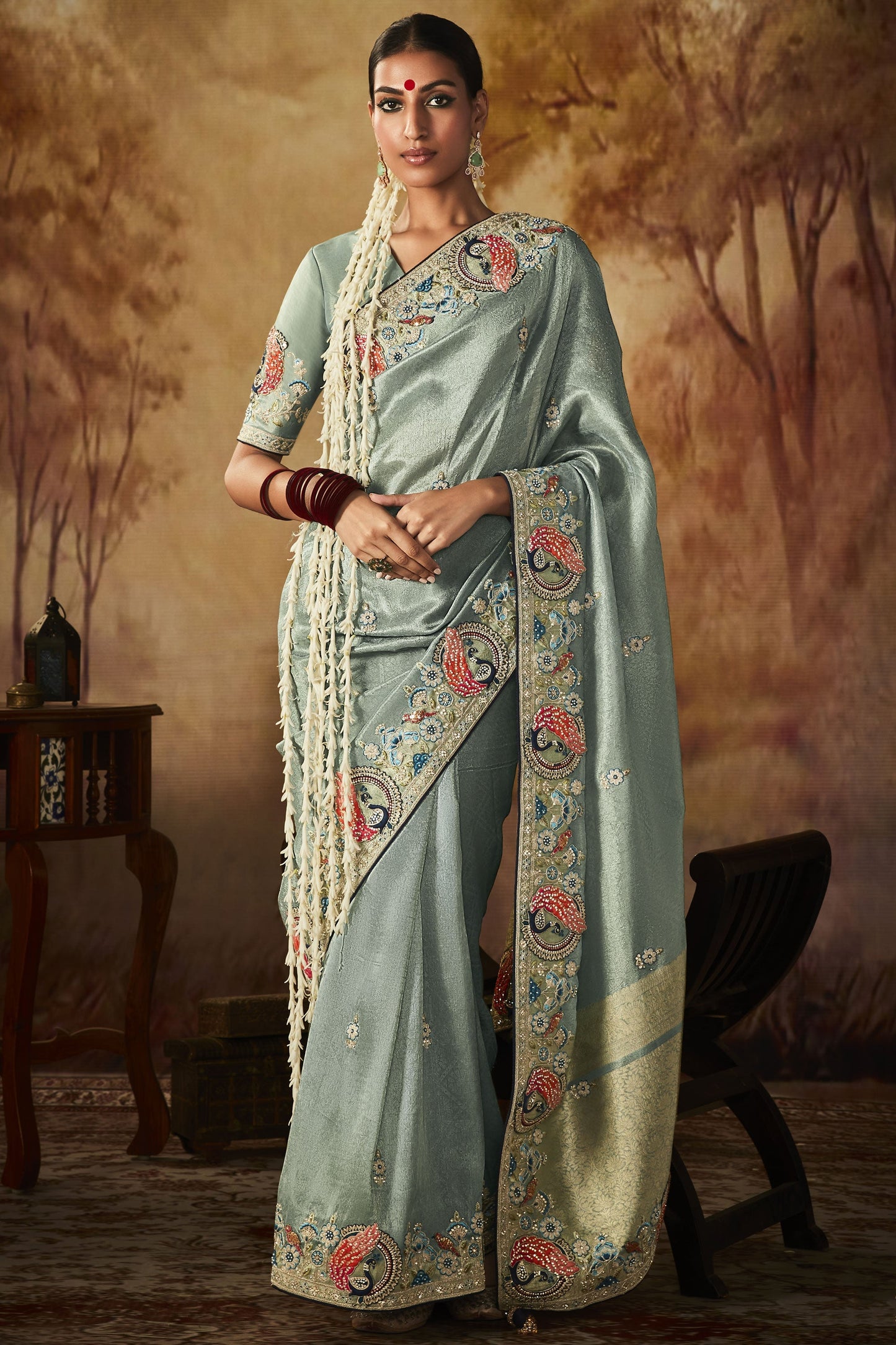 Charm Light Cyan Embroidery Work Banarasi Kanjivaram Saree