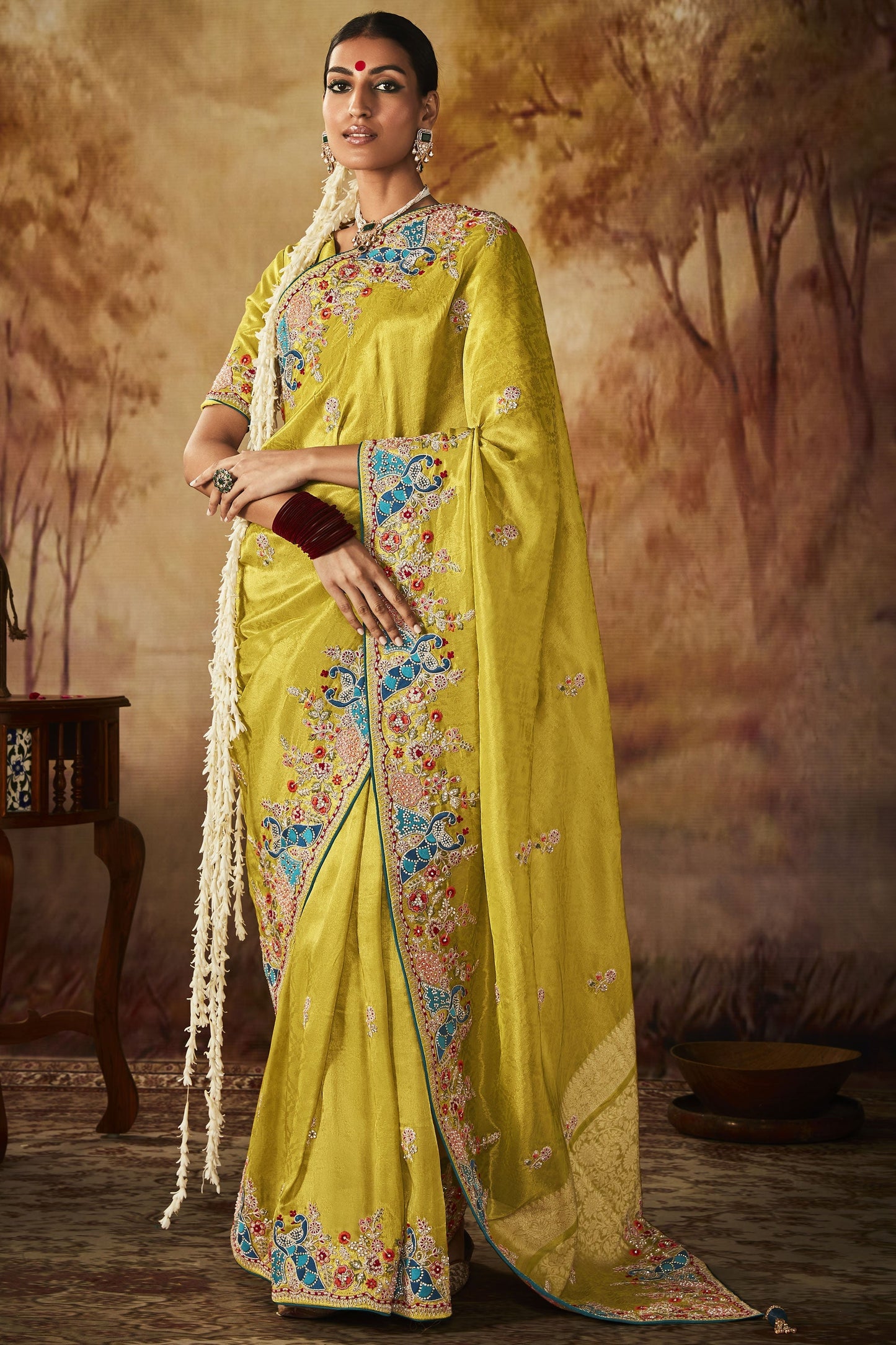 Yellow Color Brilliant Embroidery Work Banarasi Kanjivaram Saree