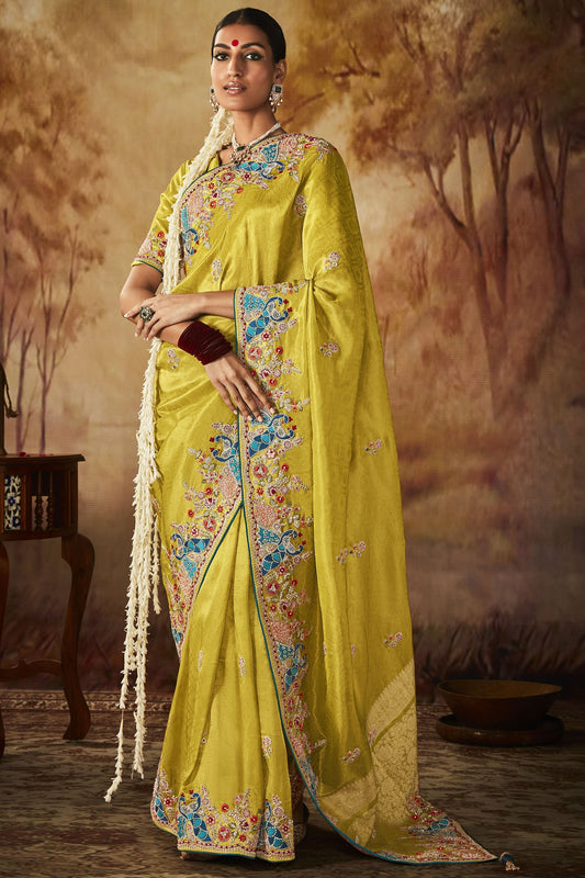 Yellow Color Brilliant Embroidery Work Banarasi Kanjivaram Saree