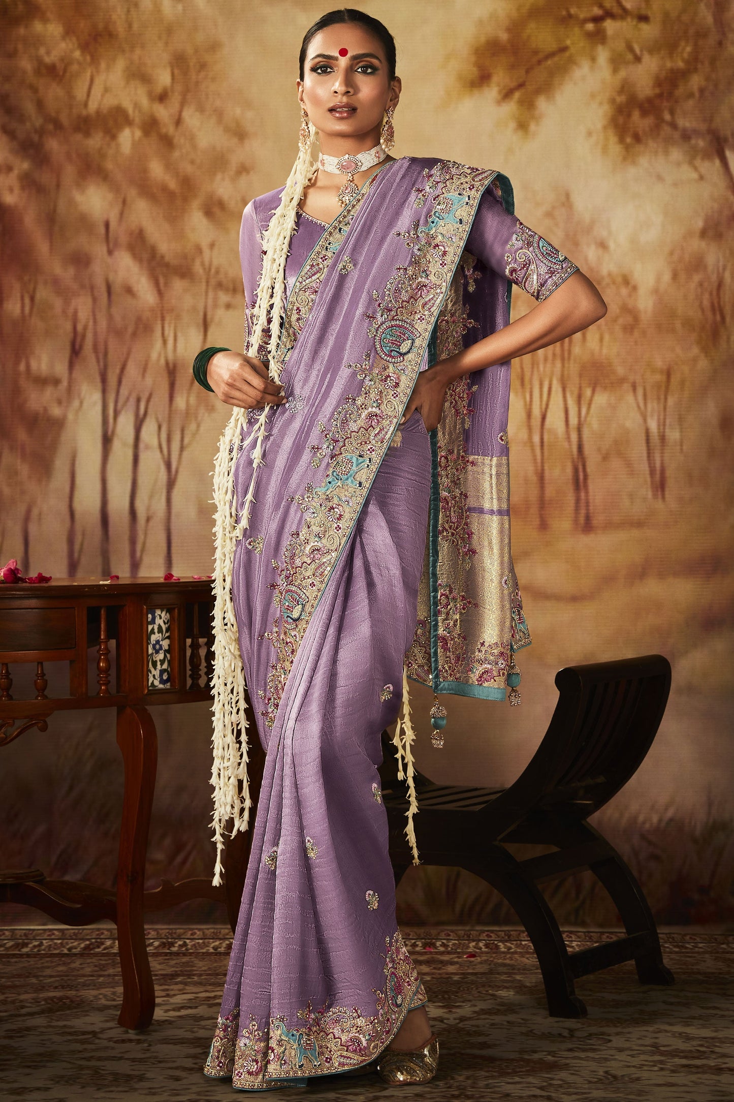 Lavender Color Glorious Embroidery Work Banarasi Kanjivaram Saree