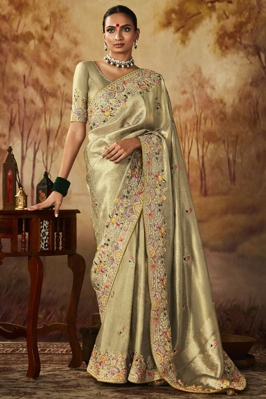 Blazing Beige Color Embroidery Work Banarasi Kanjivaram Saree