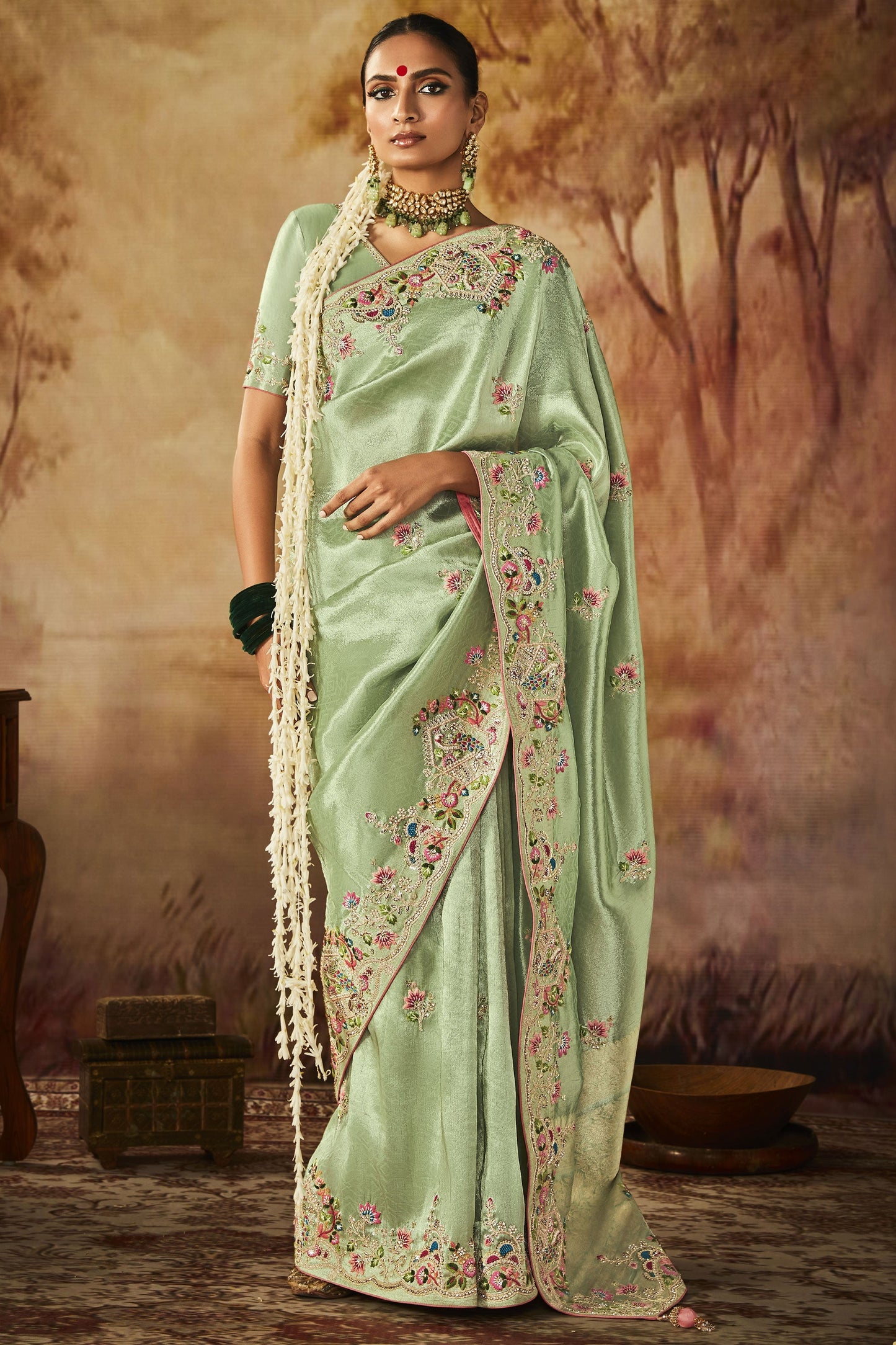 Sea Green Color Glamorous Embroidery Work Banarasi Kanjivaram Saree