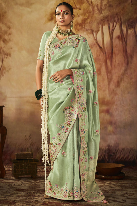 Sea Green Color Glamorous Embroidery Work Banarasi Kanjivaram Saree