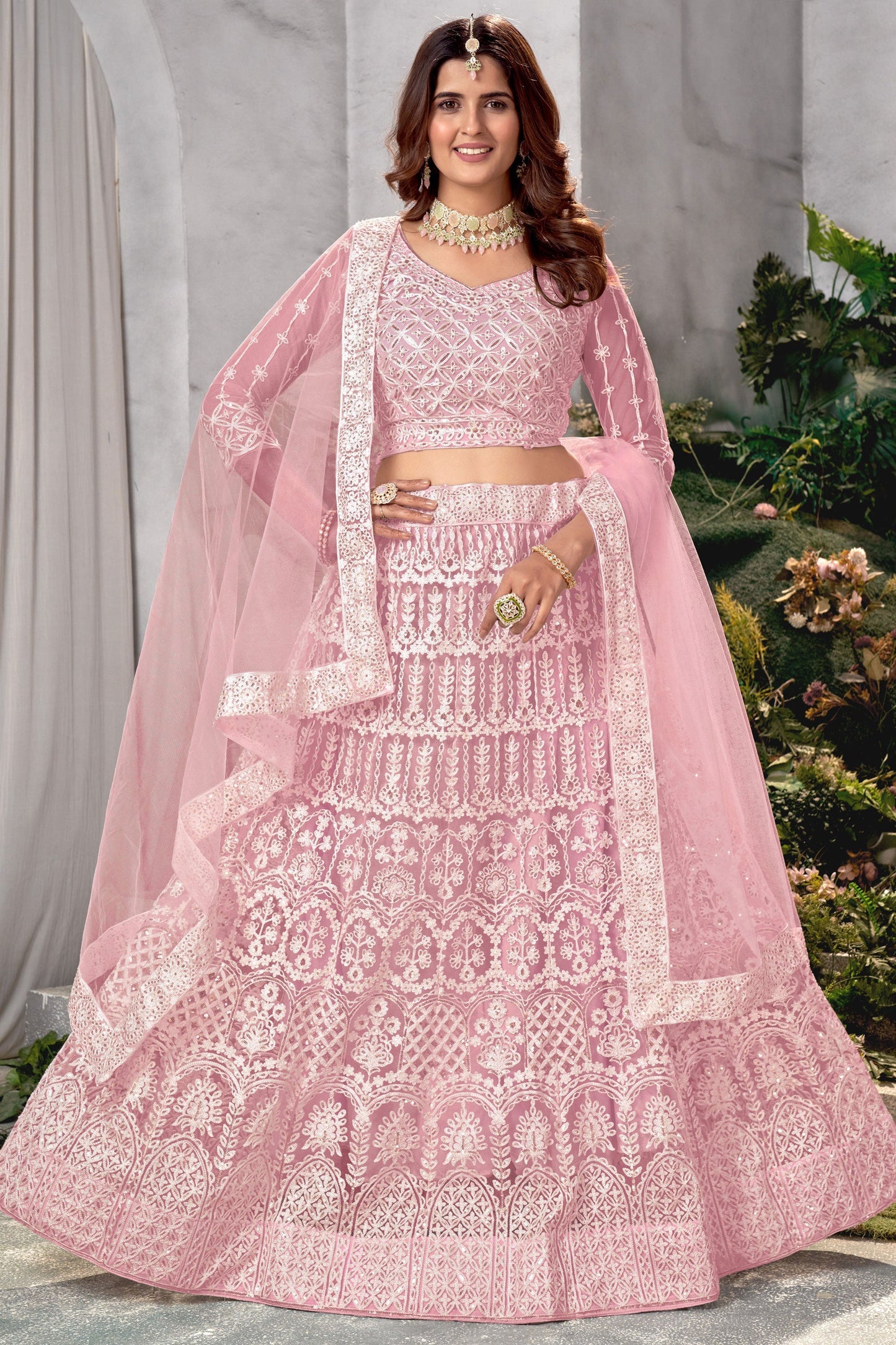 Net Fabric Pink Color 3 Piece Lehenga Choli With Embroidery Work