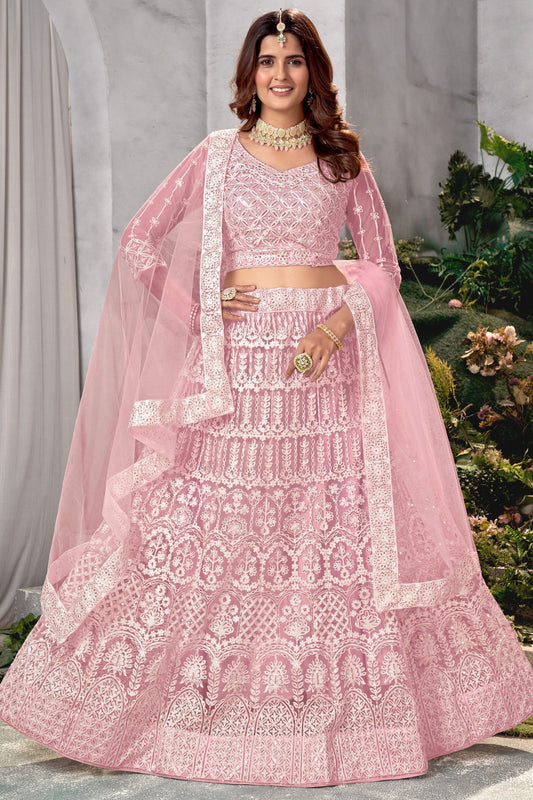 Net Fabric Pink Color 3 Piece Lehenga Choli With Embroidery Work