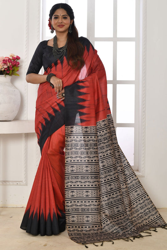 Art Silk Fabric Casual Red Color Printed Saree