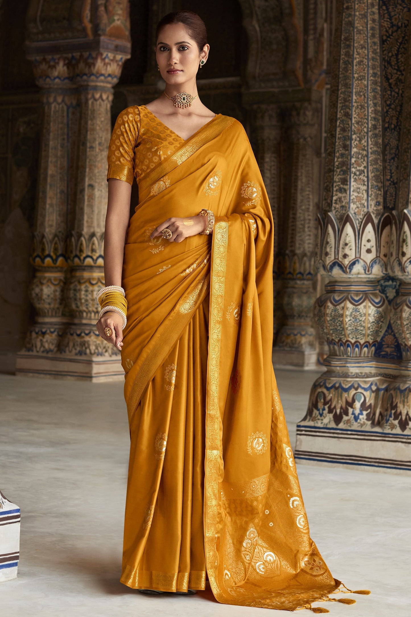 Stunning Mustard Satin Silk Weaving Work Saree