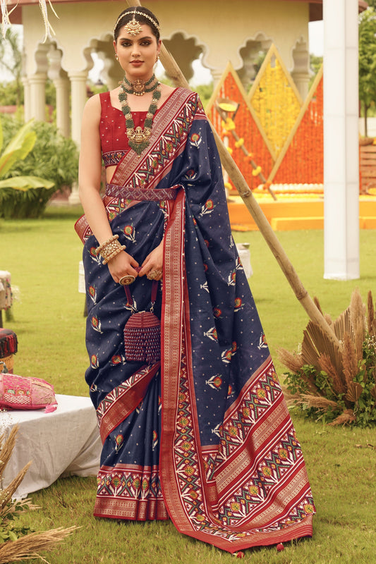 Navy Blue Patola Silk Festive Wear Printed Saree