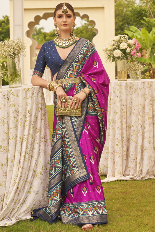Patola Silk Rani Color Printed Saree