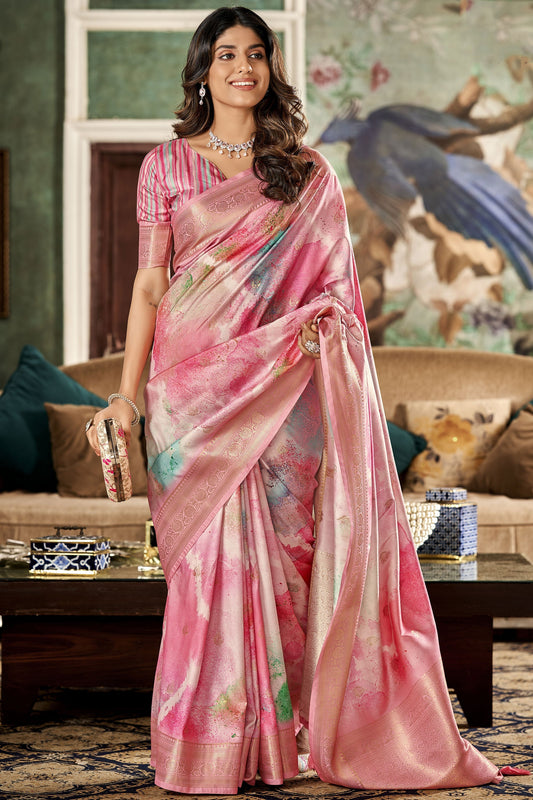Pink Digital Print Handloom Silk Saree