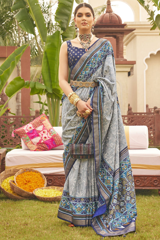 Grey Color Art Silk Fabric Printed Patola Function Wear Saree