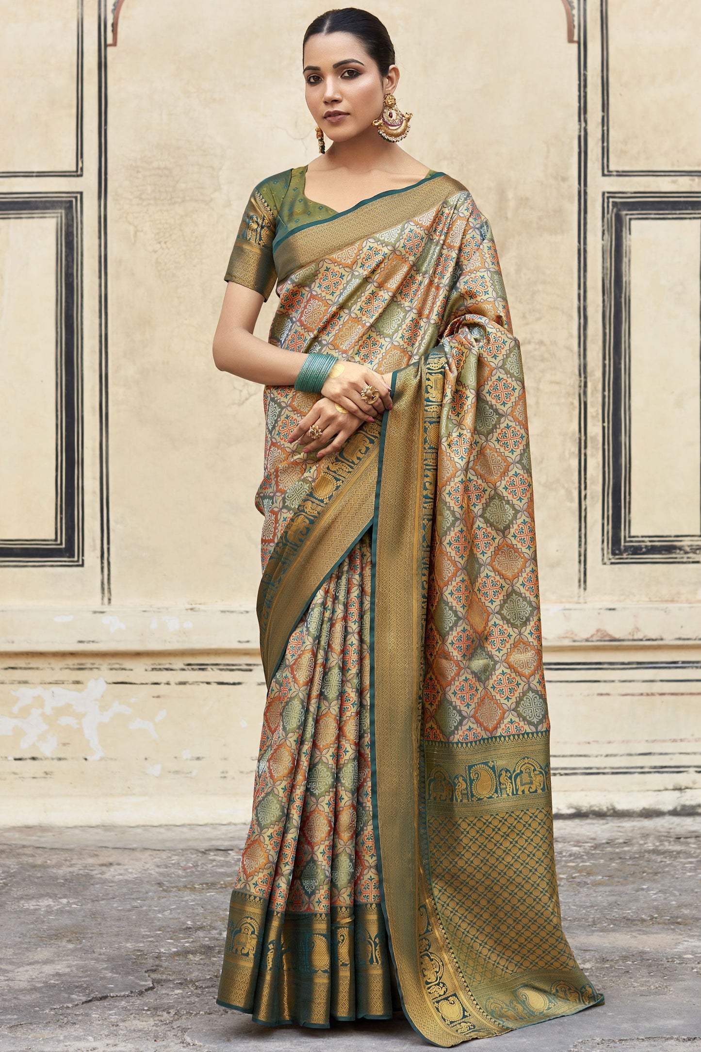 Weaving Work Art Silk Fabric Multi Color Festive Wear Saree