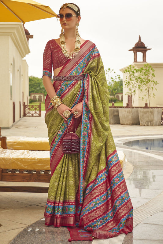 Green Color Printed Patola Silk Fabric Party Wear Saree