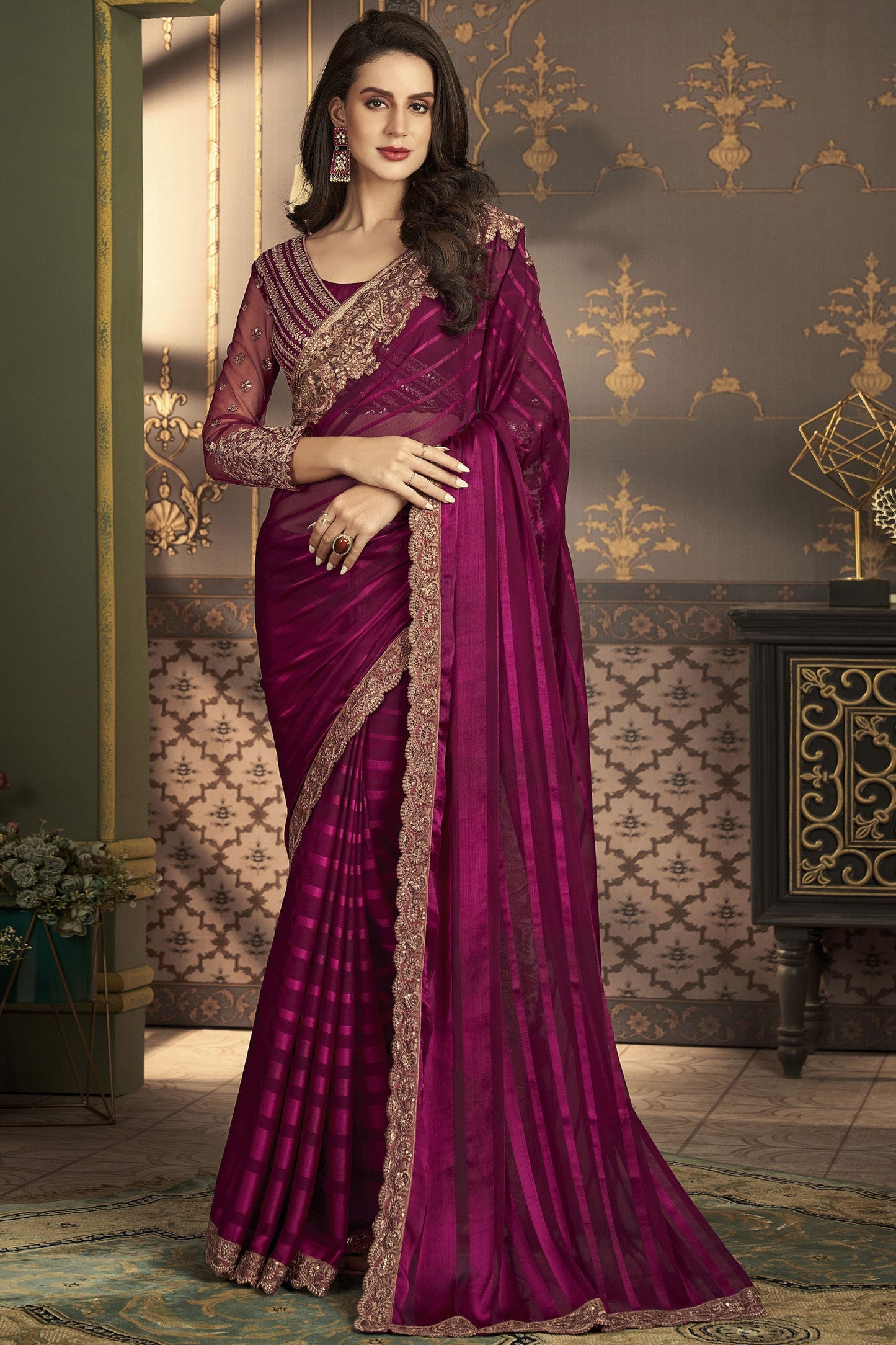 Art Silk Fabric Magenta Color Excellent Sangeet Wear Saree With Border Work