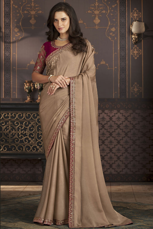 Incredible Border Work On Art Silk Fabric Beige Color Sangeet Wear Saree