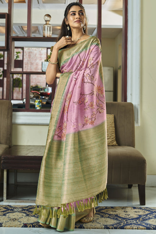 Pink Color Fascinating Handloom Silk Printed Saree