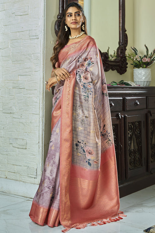 Phenomenal Lavender Color Handloom Silk Printed Saree